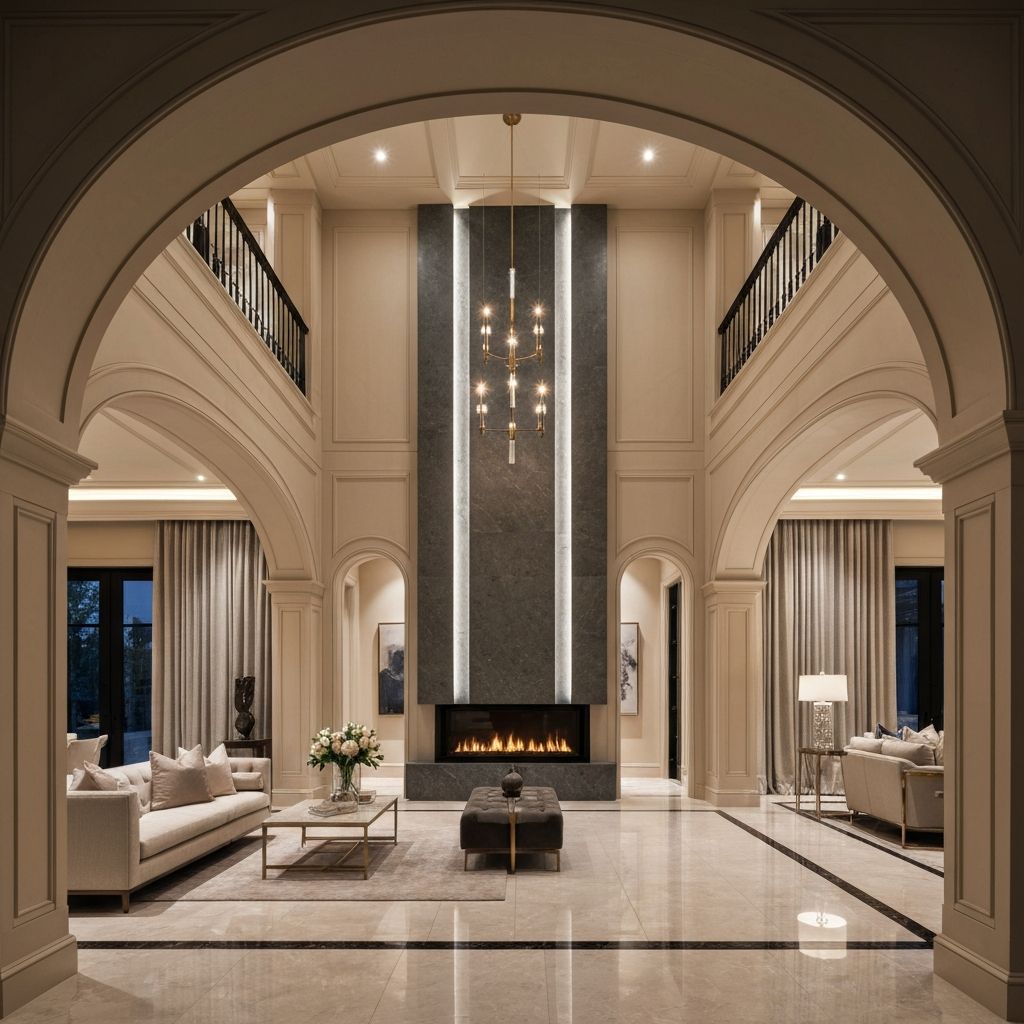 Luxury home interior with warm lighting and high ceilings